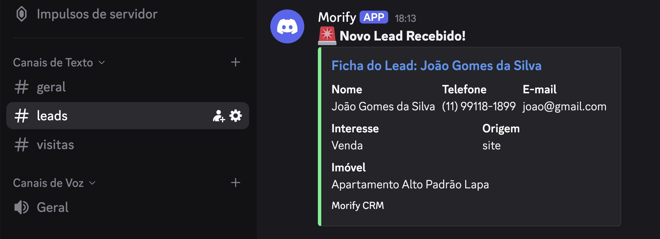 Integração de Webhook no Discord Morify